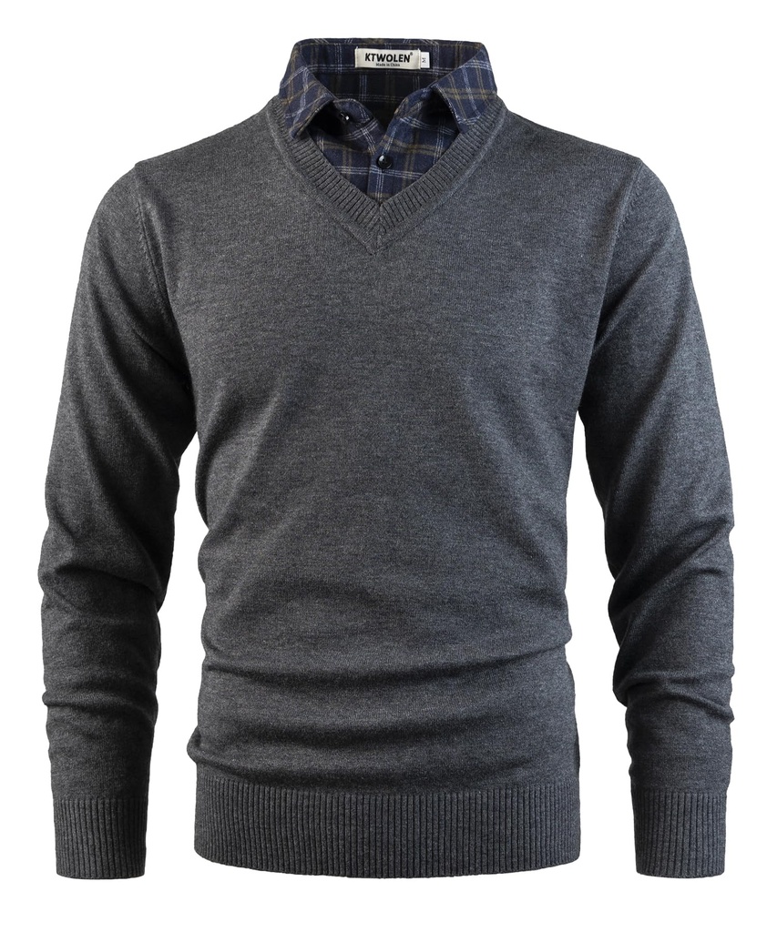 KTWOLEN Mens Jumper with Mock Shirt Collar Classic Casual Sweaters Pullover V-Neck Long Slee