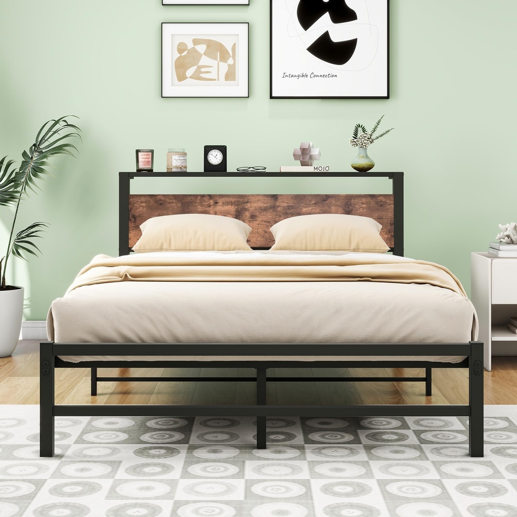 HOMERECOMMEND Double Bed Frame with Wood Storage Headboard No Box Spring Needed, Steel Slats