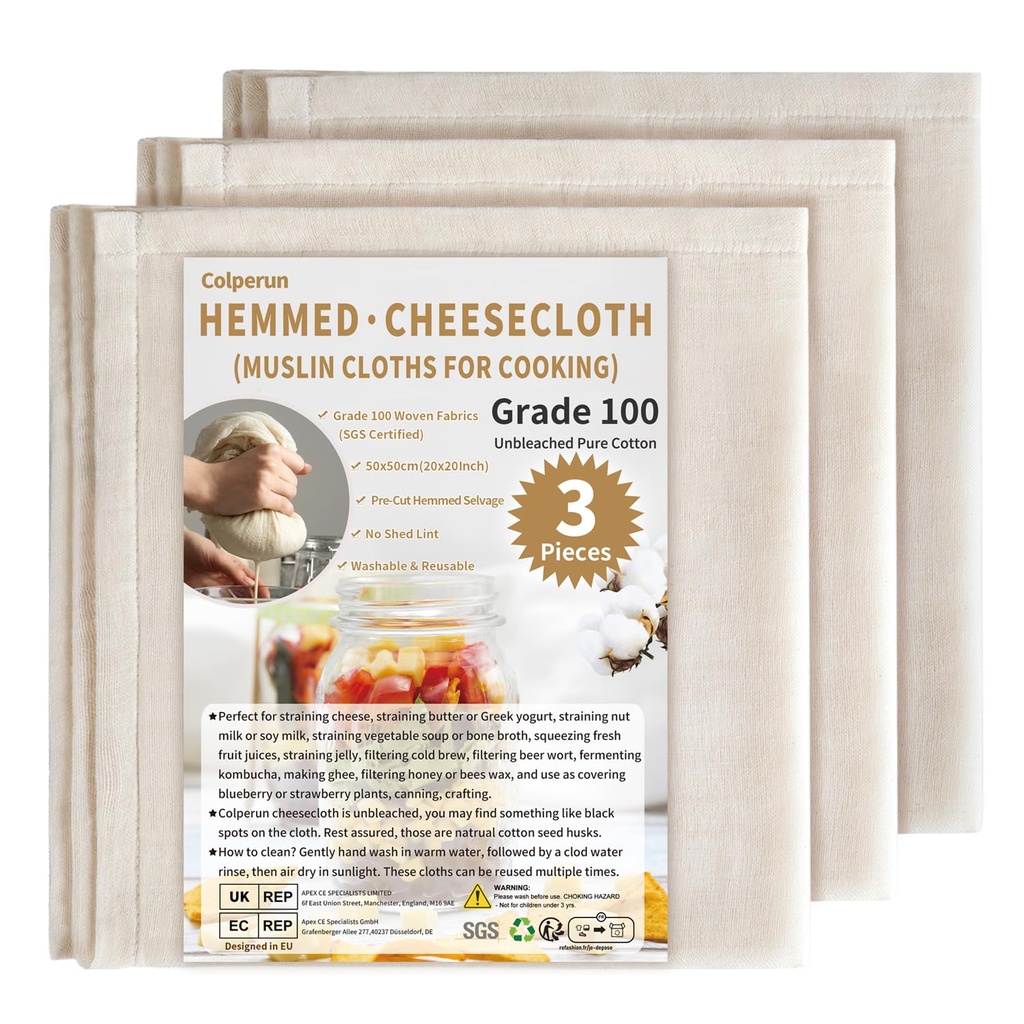 Colperun Cheese Cloths for Straining, 3Pack, Grade 100, 50x50cm Hemmed Muslin Cloths for Co