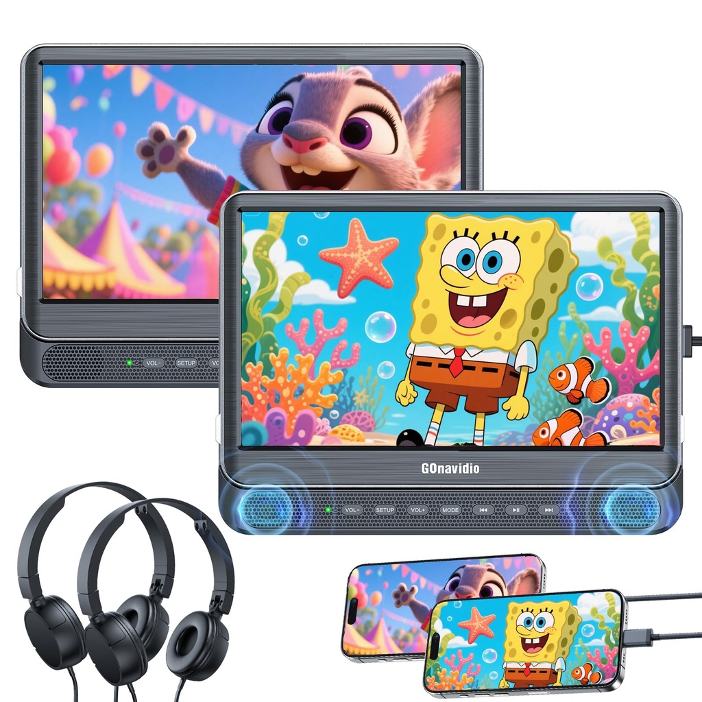 GOnavidio Dual Car DVD Players with HDMI Input, Car TV Screen with Headphones