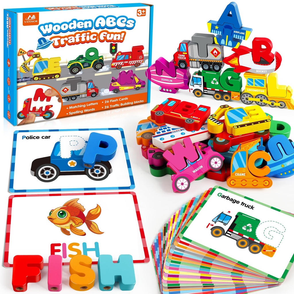 Vanmor Wooden Alphabet Traffic Matching Game, Read Spelling Learning Toy(52Pcs), ABC Letter