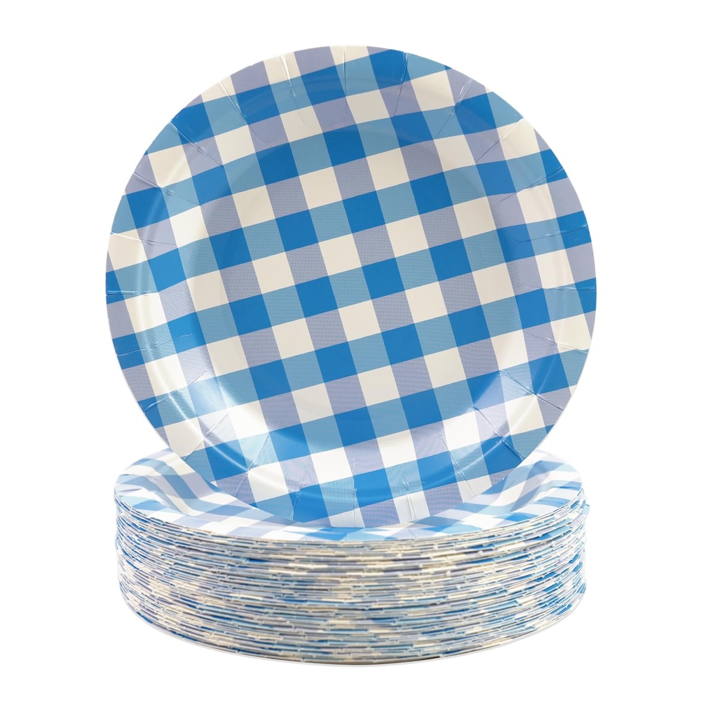 50Pcs Gingham Paper Plates, 7 inch Purple Checked Dessert Cake Plates Plaid Disposable Table