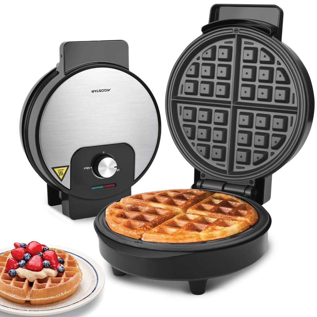 Aigostar Round Waffle Maker with Adjustable Temperature Control, Non Stick Deep Fill Waffle
