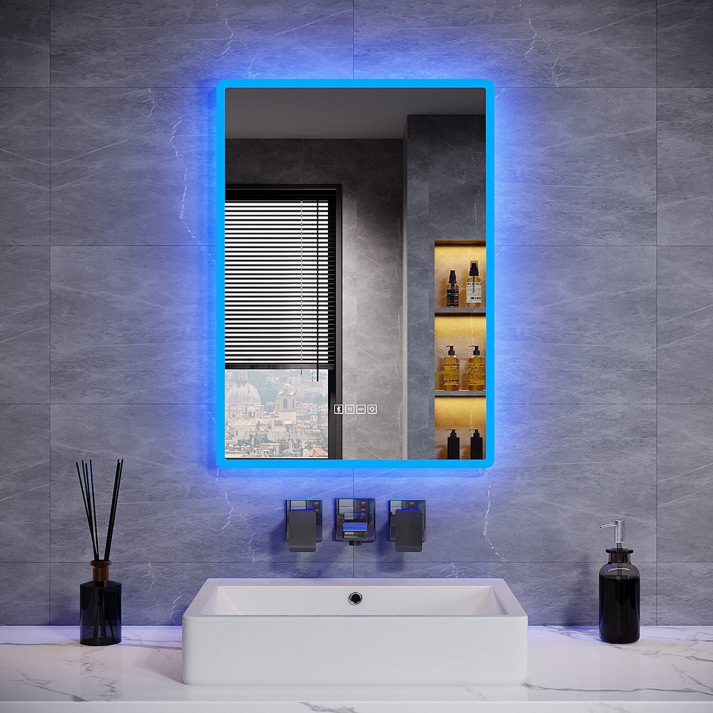 ELEGANT Blue Atmosphere Illuminated Bathroom Mirror with Shaver Socket, 500 x 700 mm LED 