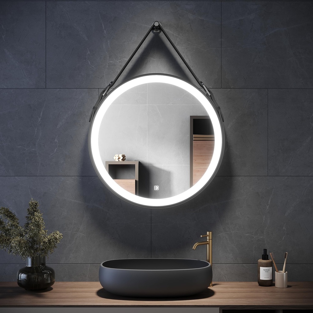 ELEGANT Modern Round LED Bathroom Mirror Wall Mounted with Lights Black Frame Leather Strap