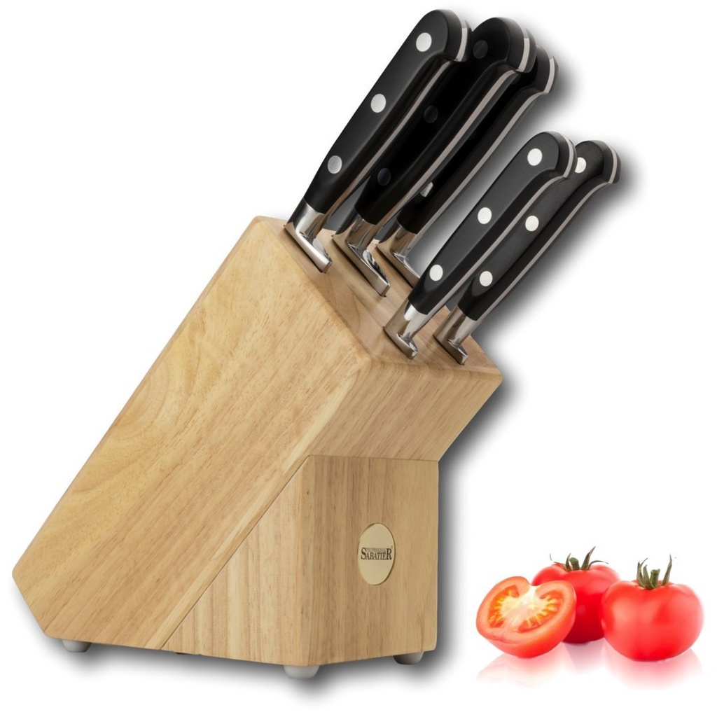 5 Piece Sabatier Professional Knife Block Set - Solid Wood Block, Full Tang