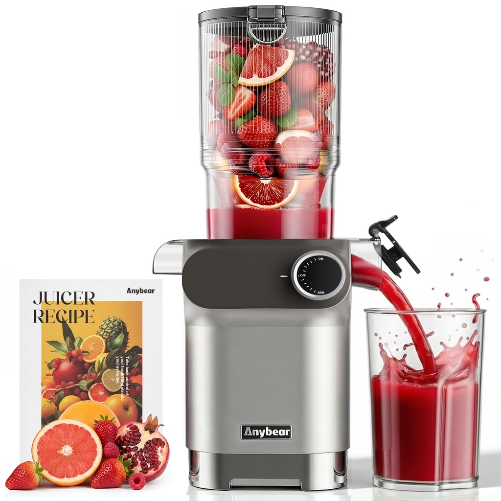 Anybear Cold Press Juicer, 200W Masticating Slow Juicer 4.3" Large Feed Chute Fit Whole Frui