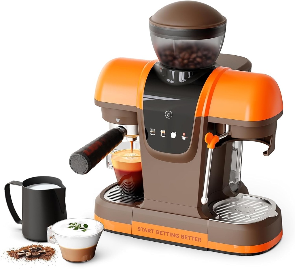 20 Bar Semi-Automatic Espresso Machine with Built-in Grinder & Steam Wand, Pre-Infusion, NT
