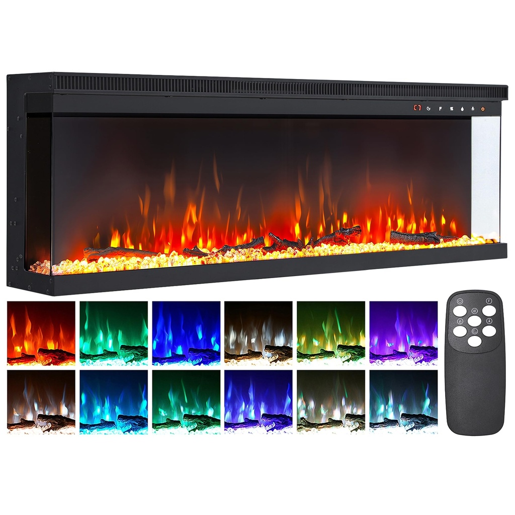 INMOZATA Electric Fire 40inch/102cm 3-Side Glass Display Media Wall Fire Recessed/Freestanding