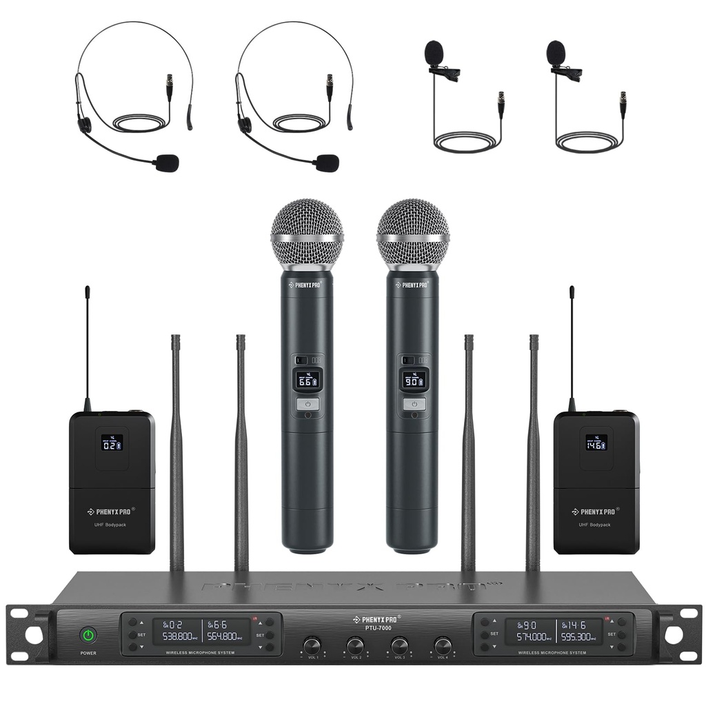 Phenyx Pro Quad Wireless Microphone System w/ 4x40 UHF Channels, Auto Scan, 2 Handheld