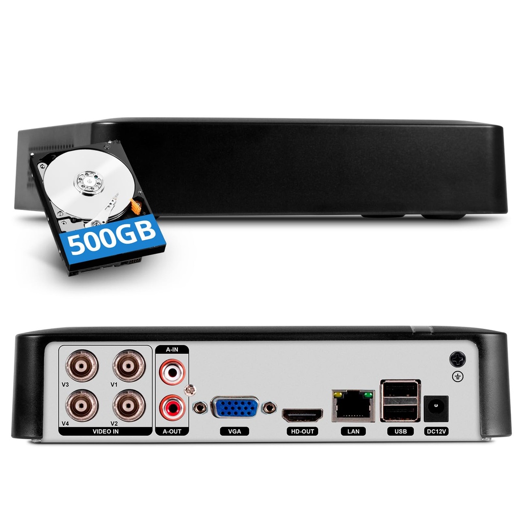 TOWODE 4CH CCTV DVR Recorder with 500G HDD, 4 Channel 1080p H.265+ Hybrid 6-in-1 Home Surveillance
