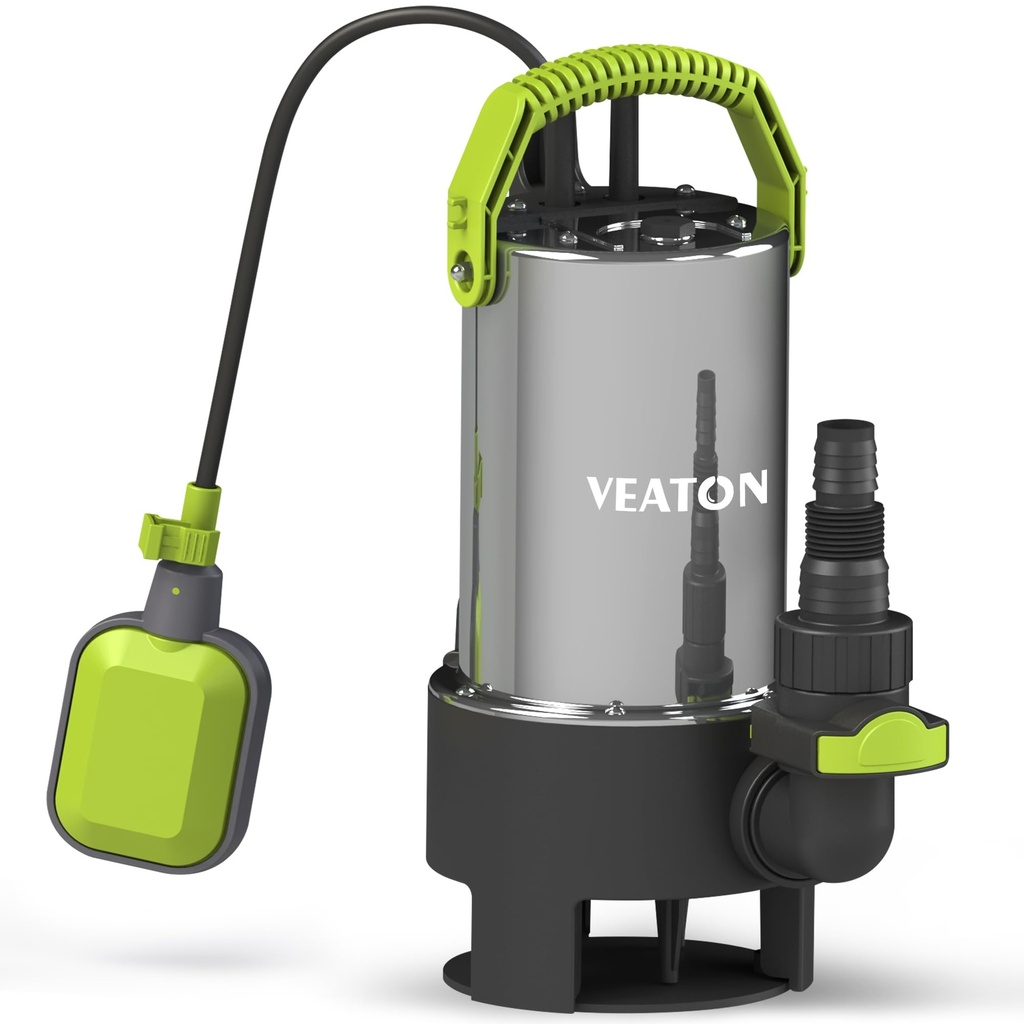 VEATON Portable Submersible Pump 1100W 20000 L/H, Stainless Steel Dirty Water Pump Automatic