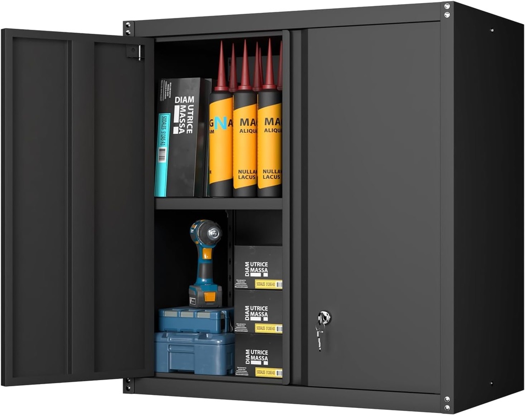 GREATMEET Metal Wall Cabinet, Wall Mounted Storage Cabinet with Lock for Garage Storage