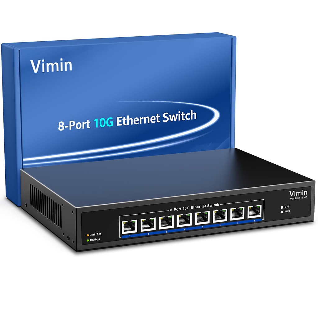 8-Port 10G Unmanaged Ethernet Switch, VIMIN 10Gbe Network Switch Support 100M/1000M/2.5G/5G/
