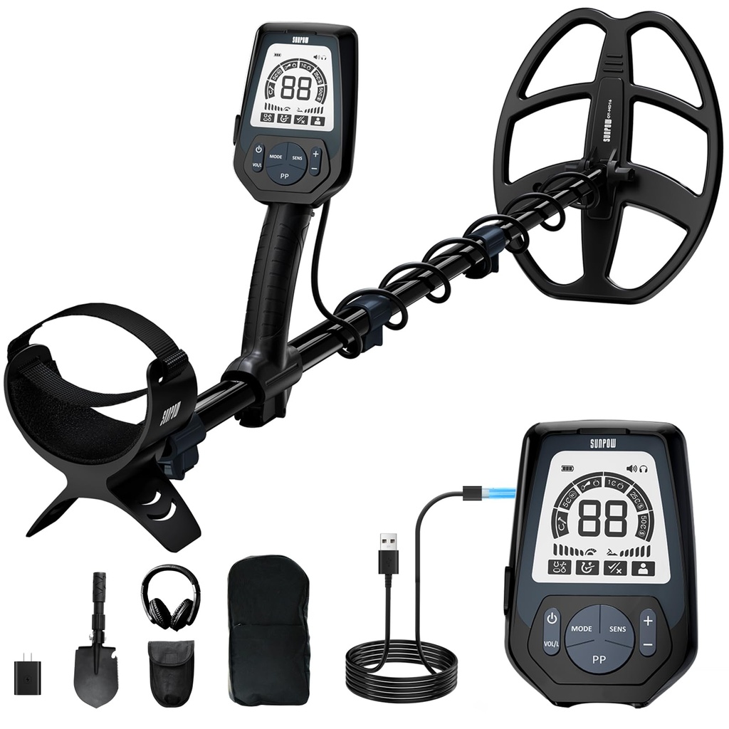 SUNPOW Professional Rechargeable Metal Detector for Adults Ã”Ã‡Ã´ USB-C Fast Charge, 11" Du