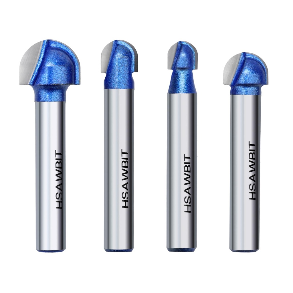 hsawbit 4-Piece Round Nose Core Box Router Bit Set 1/4-inch Shank, Cutting Dia. 1/4",5/16",