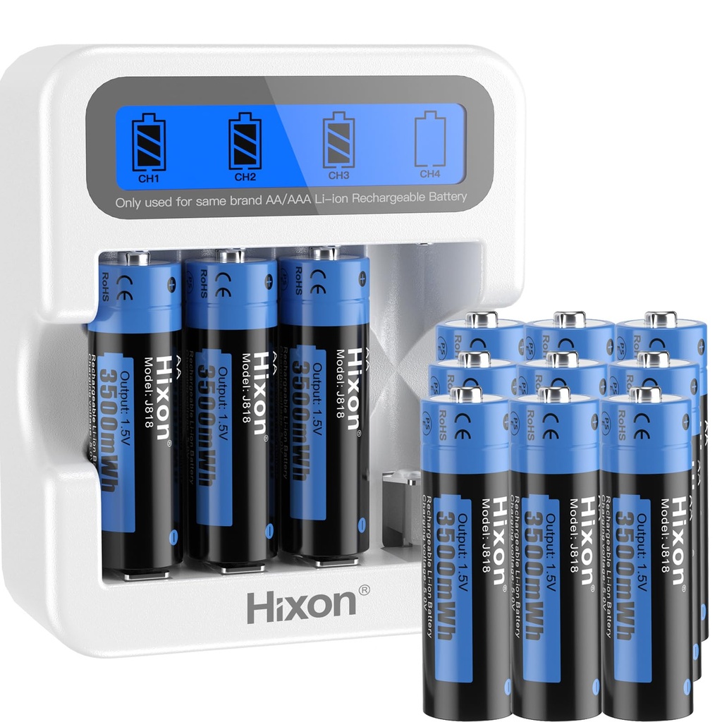 Hixon Rechargeable Batteries AA,lithium aa batteries with LCD charger,3500mWh High Capacity