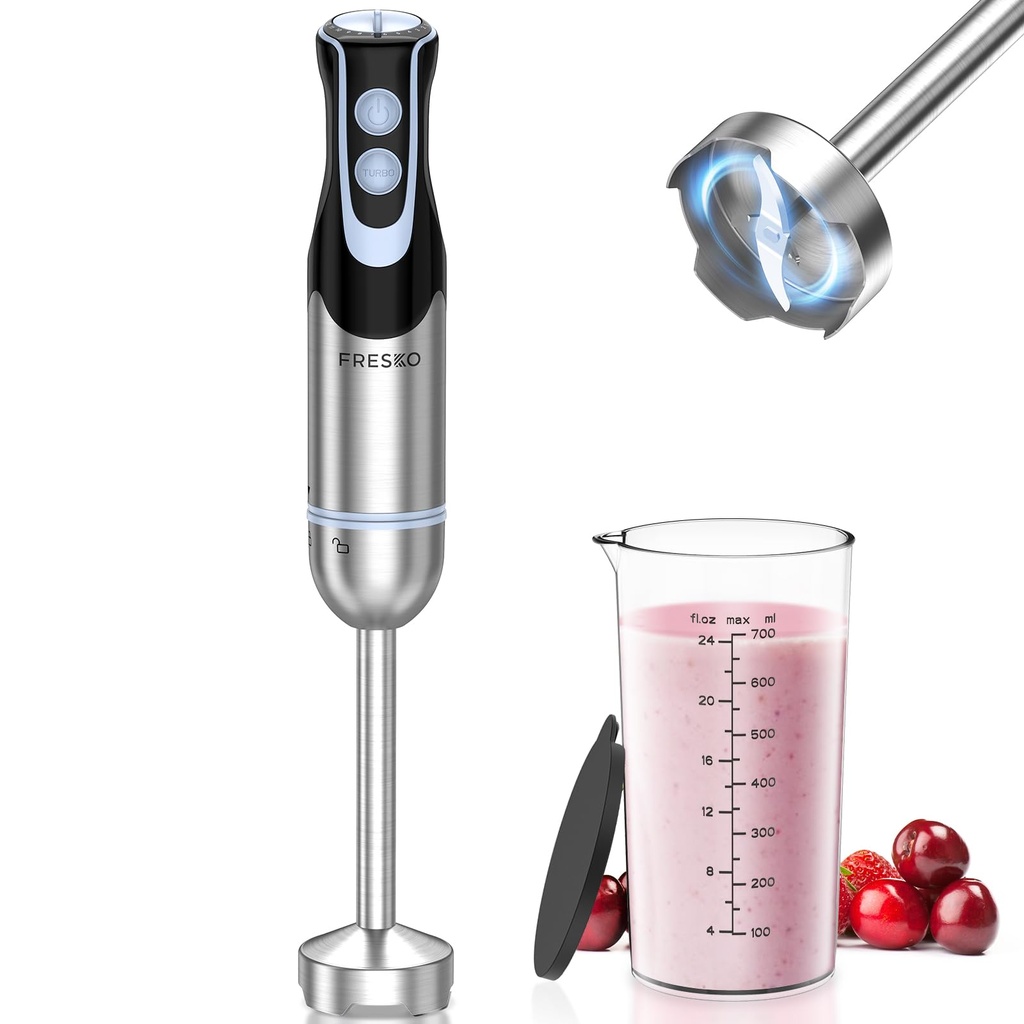 FRESKO Stainless Steel Hand Blender, 1200W Electric Stick Blender with 12 Speed and Turbo Mo