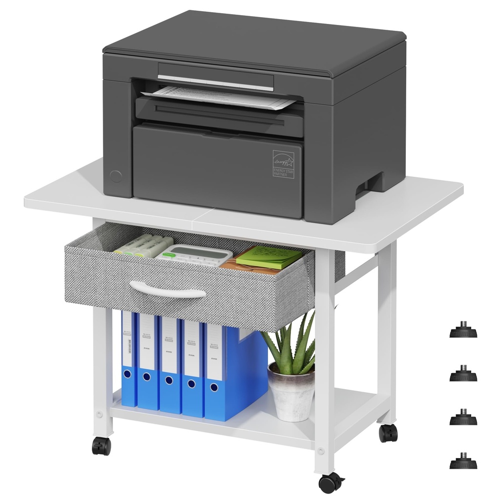 OYRREU 2 Tier Printer Stand on Wheels, 56x38cm Printer Table with Drawer Storage, Under Desk