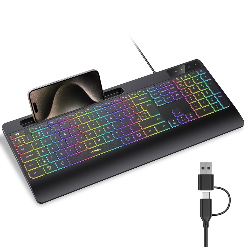 Seenda KOE200 Wired RGB Backlit Keyboard Quiet with Phone Holder and Palm Support for Windo
