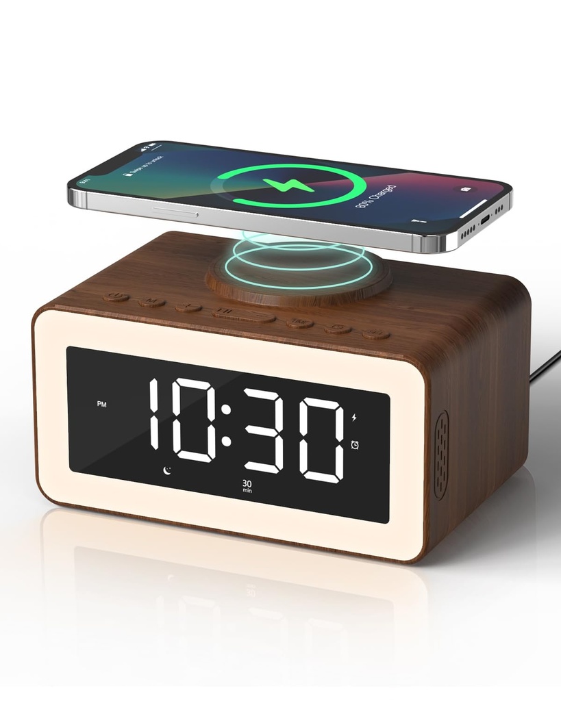 5 in 1 Alarm Clocks Bedside with Wireless Charger, White Noise Machine