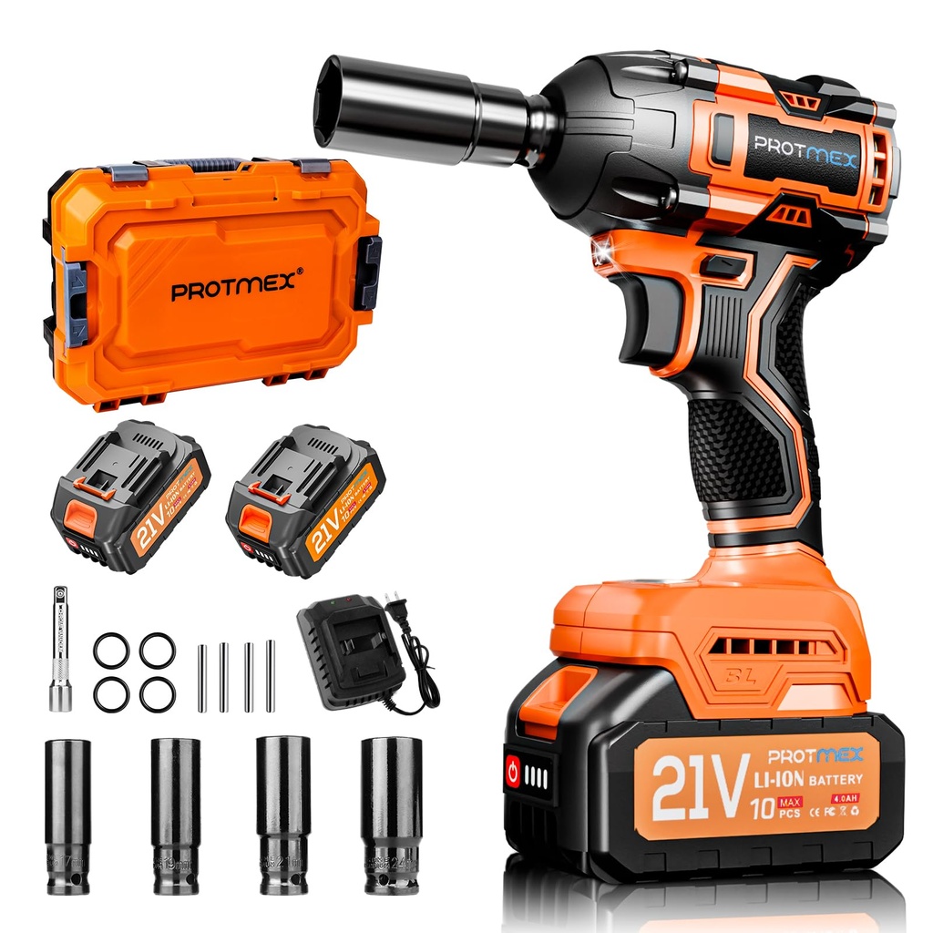 Protmex Cordless Impact Wrench, 517Ft-Ibs (700N.m) 1/2" Impact Gun, 2 x 4.0Ah Batteries Imp