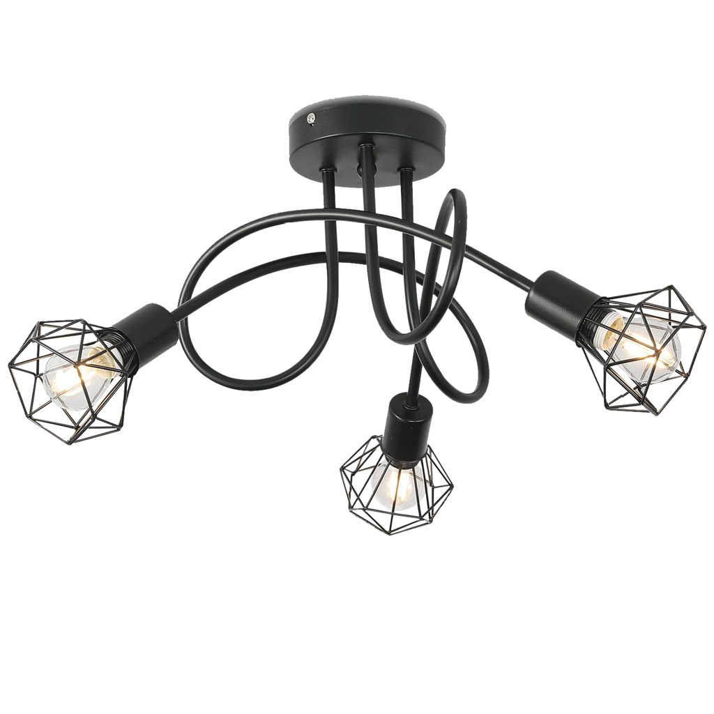 Mchoter Industrial 3 Way Ceiling Light Chandelier Semi-Flush Mount E14 Base Black Metal Cage