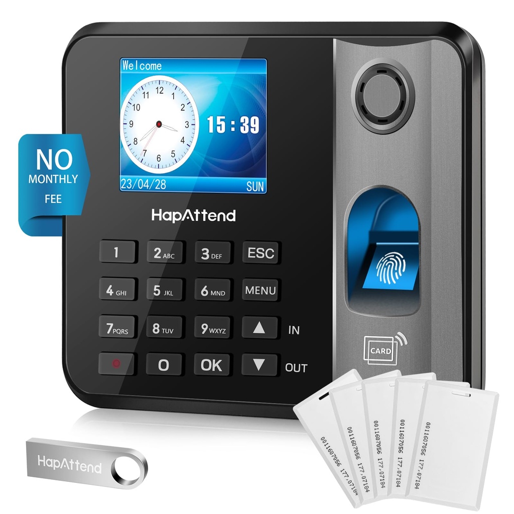 HapAttend H1 Clocking in Machine, Fingerprint Clock in Machine for Employees Small Business