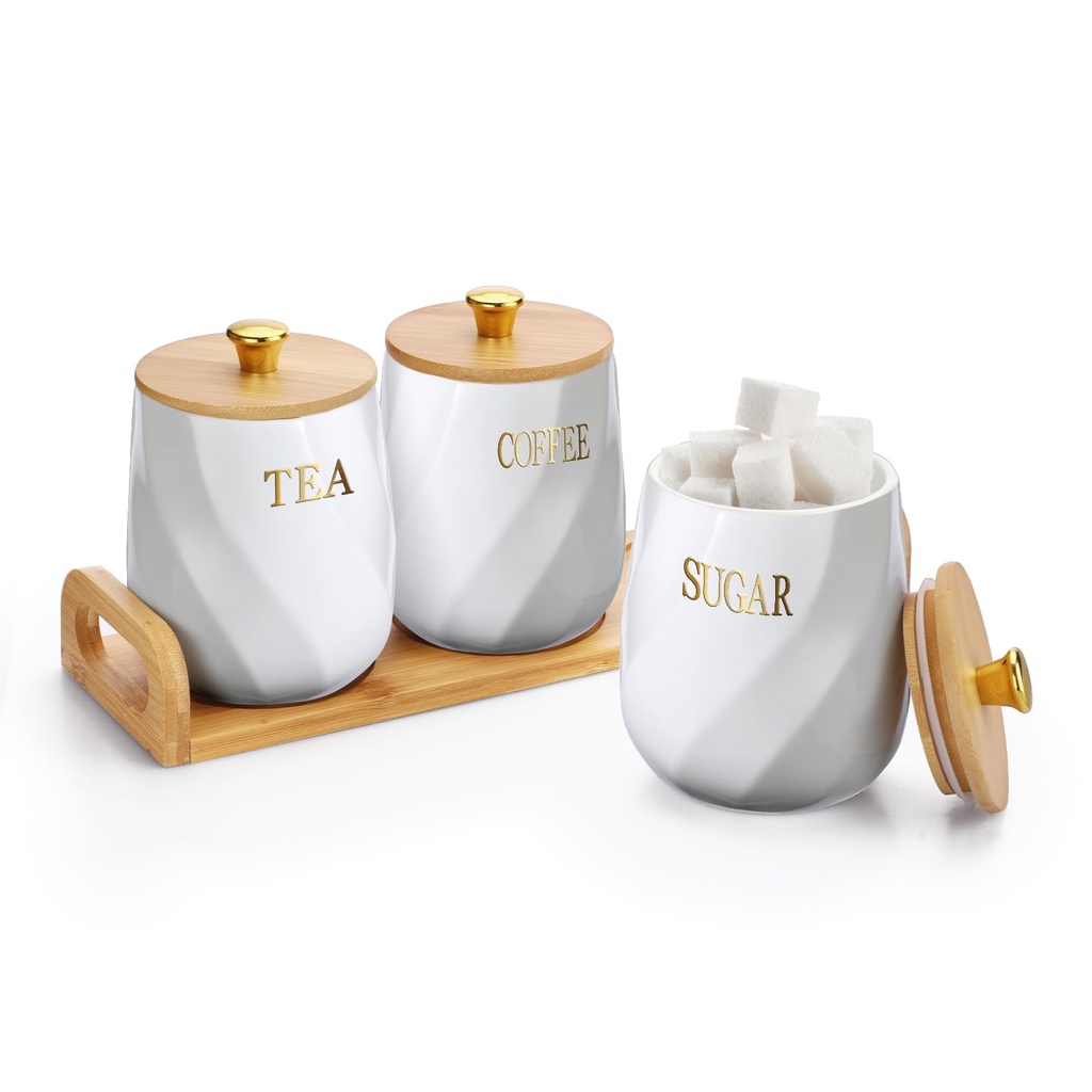 BTSKY Ceramic Kitchen Canisters with Lid and Tray - White Airtight Sugar Coffee Tea Containe