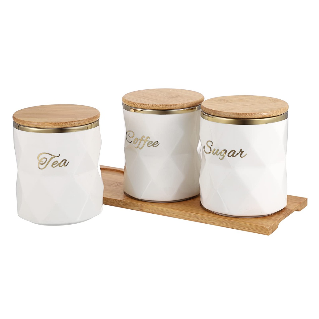 BTSKY White Ceramic Sugar Coffee Tea Canisters with Lid and Tray - Airtight Set of 3 Storage