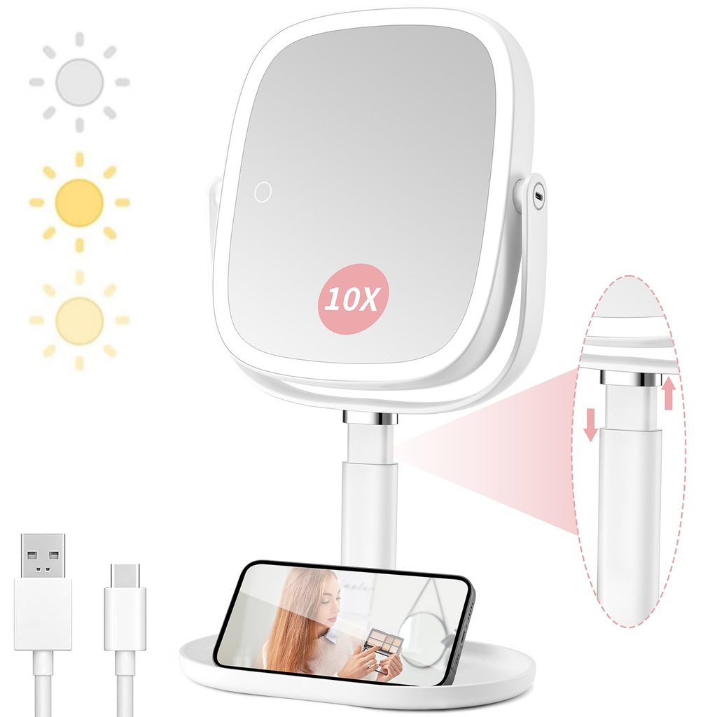 Vanexiss Magnifying Makeup Mirror with Light, Large 1X/10X Vanity Mirror, Rechargeable 3 Co