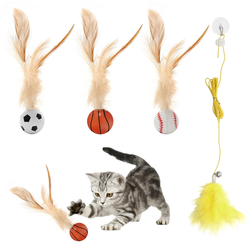 FL HUA Cat Balls Feather Toy, 3 Pcs Interactive Bouncy Cat Ball with Feather, Bouncing Ball