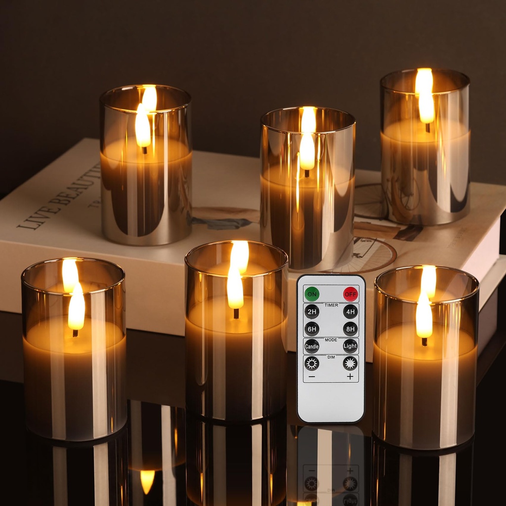 Eywamage Grey Glass Flameless Candles with Remote Timer, 6 Pack Flickering LED Votive Candles