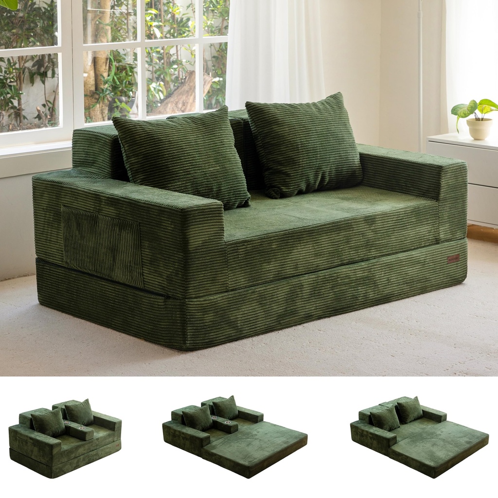 MAXYOYO Folding Sofa Bed, Corduroy Floor Couch, Convertible Sleeper Sofa Bed with Cup Holder