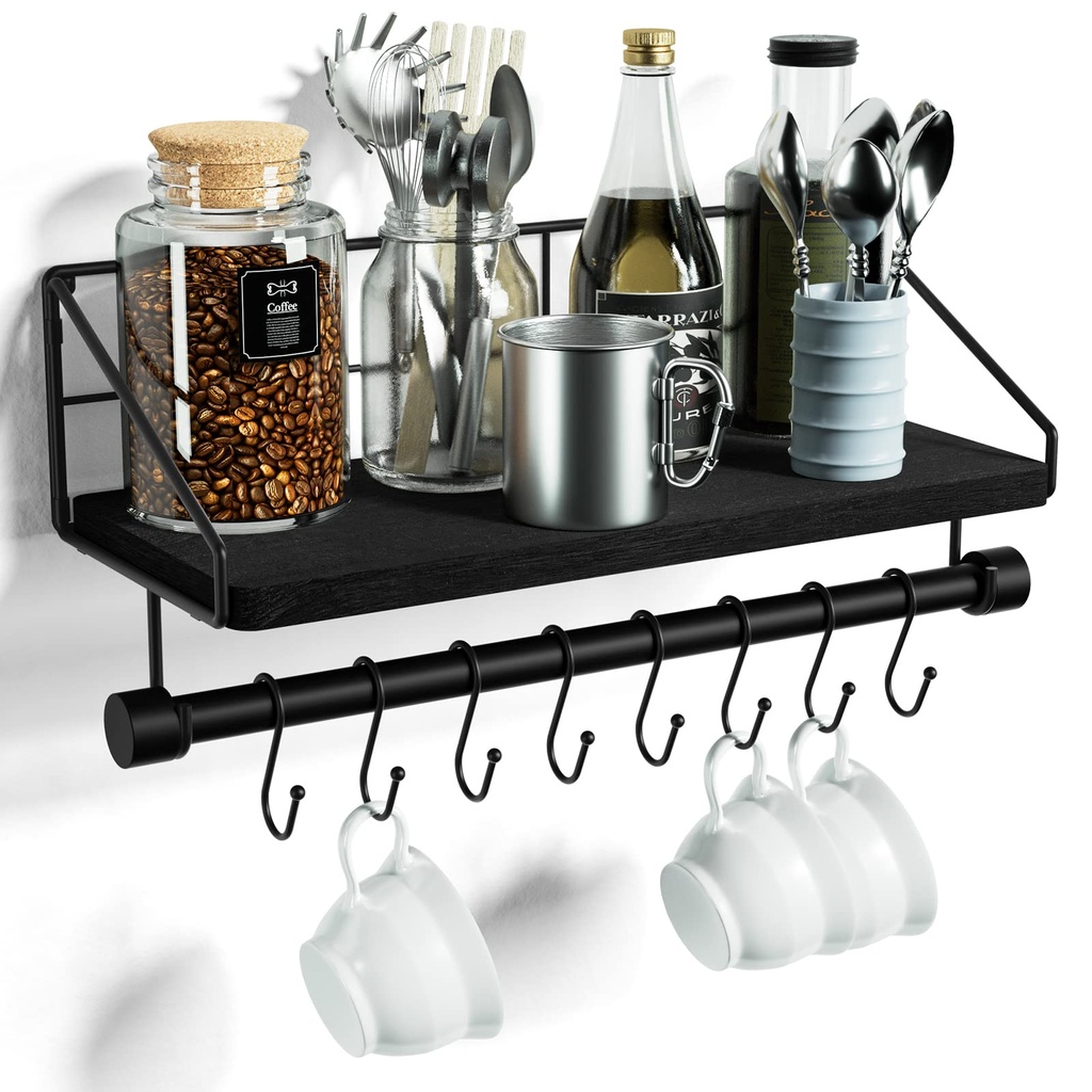 Alsonerbay Kitchen Shelf Wall Mounted Wood Floating Wall Shelves with Hooks Rustic Shelf wit