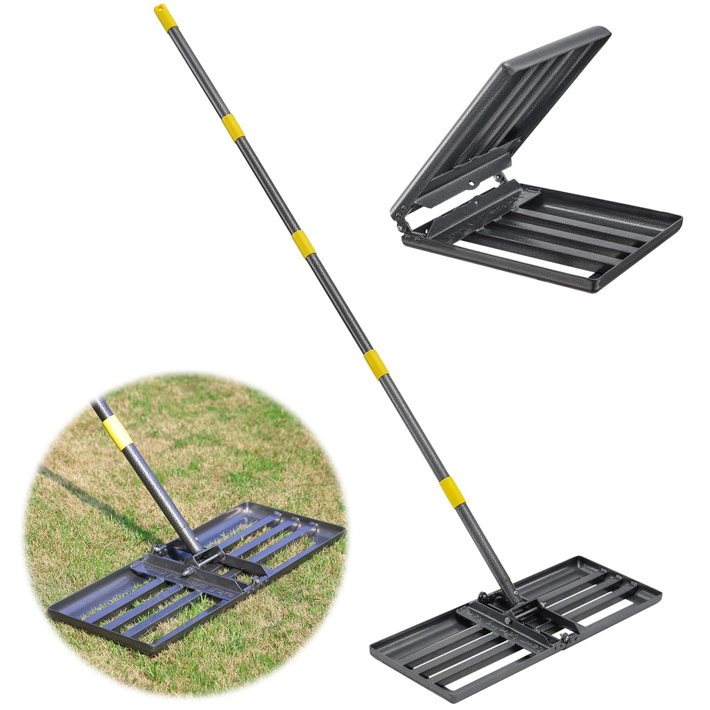 Starbover Foldable Lawn Rake with Handle, 183 cm Lawn Rake Lawn Leveling Rake, Black Metal,