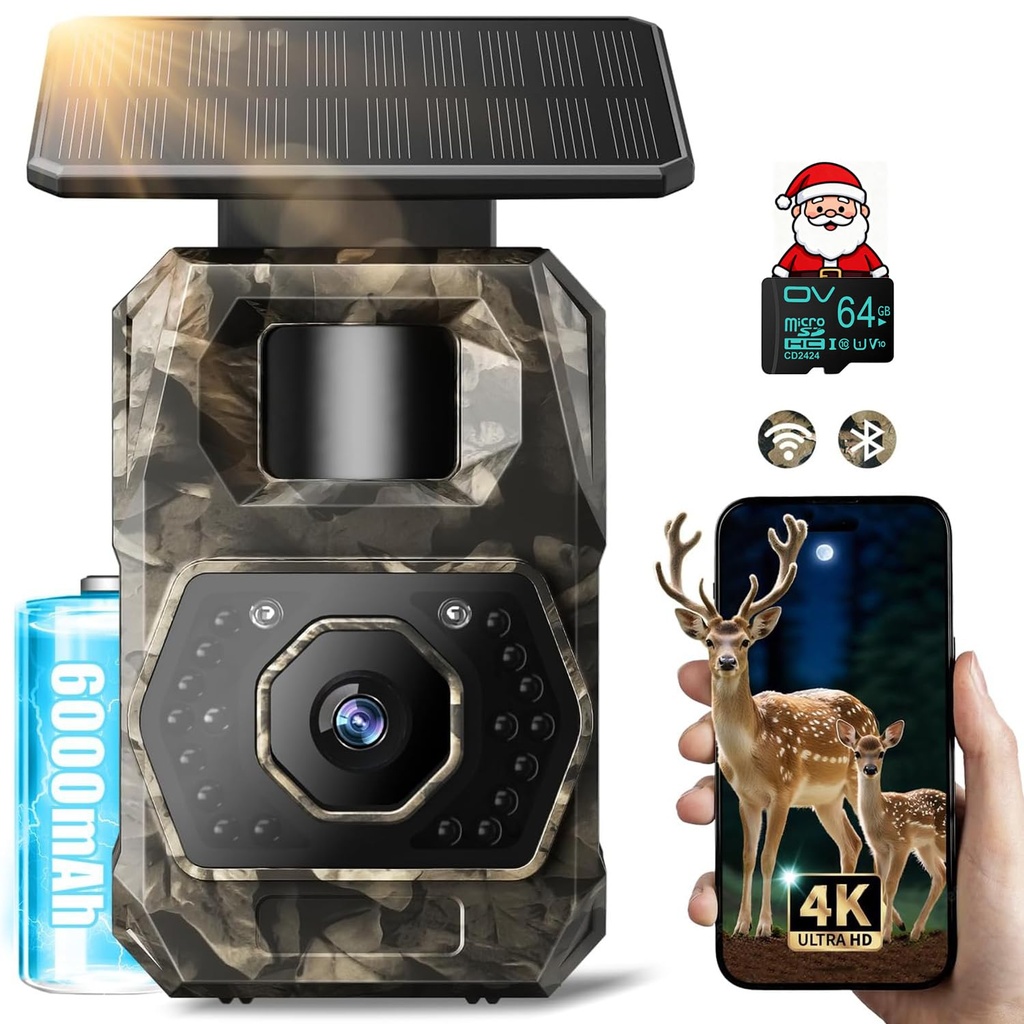 MAXDONE Wildlife Camera WiFi Bluetooth - 4K 64MP Solar Trail Camera with Night Vision Motion