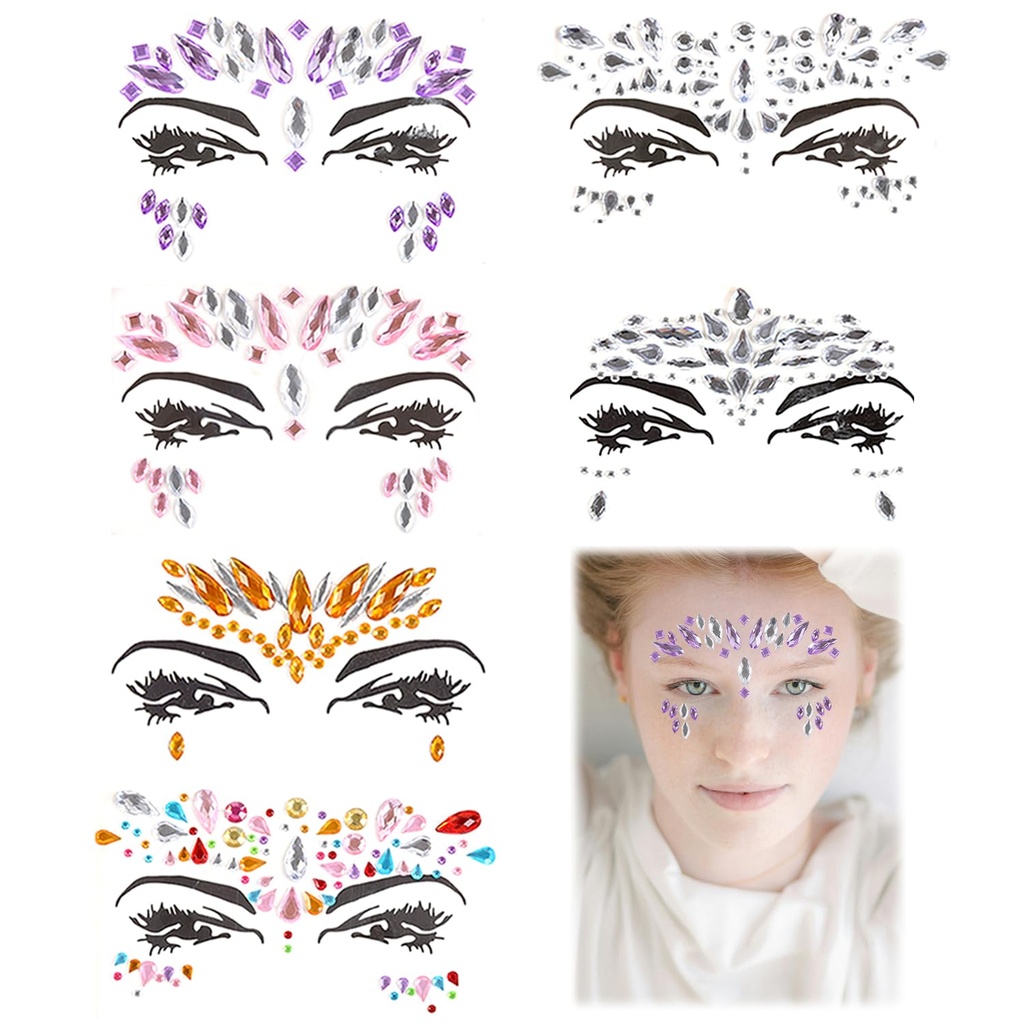 Npcswxq 6Pcs Face Jewels for Festivals,6 Designs Face Gems Glitter Stickers, for Halloween