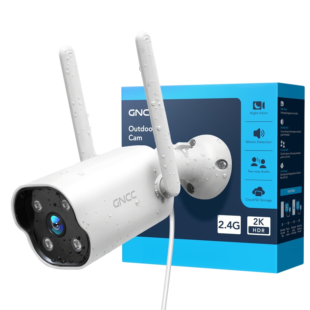 GNCC GT1Pro 2K Outdoor Security Camera Fixed, CCTV Camera for Home, 2.4 GHz WiFi Only, IP65