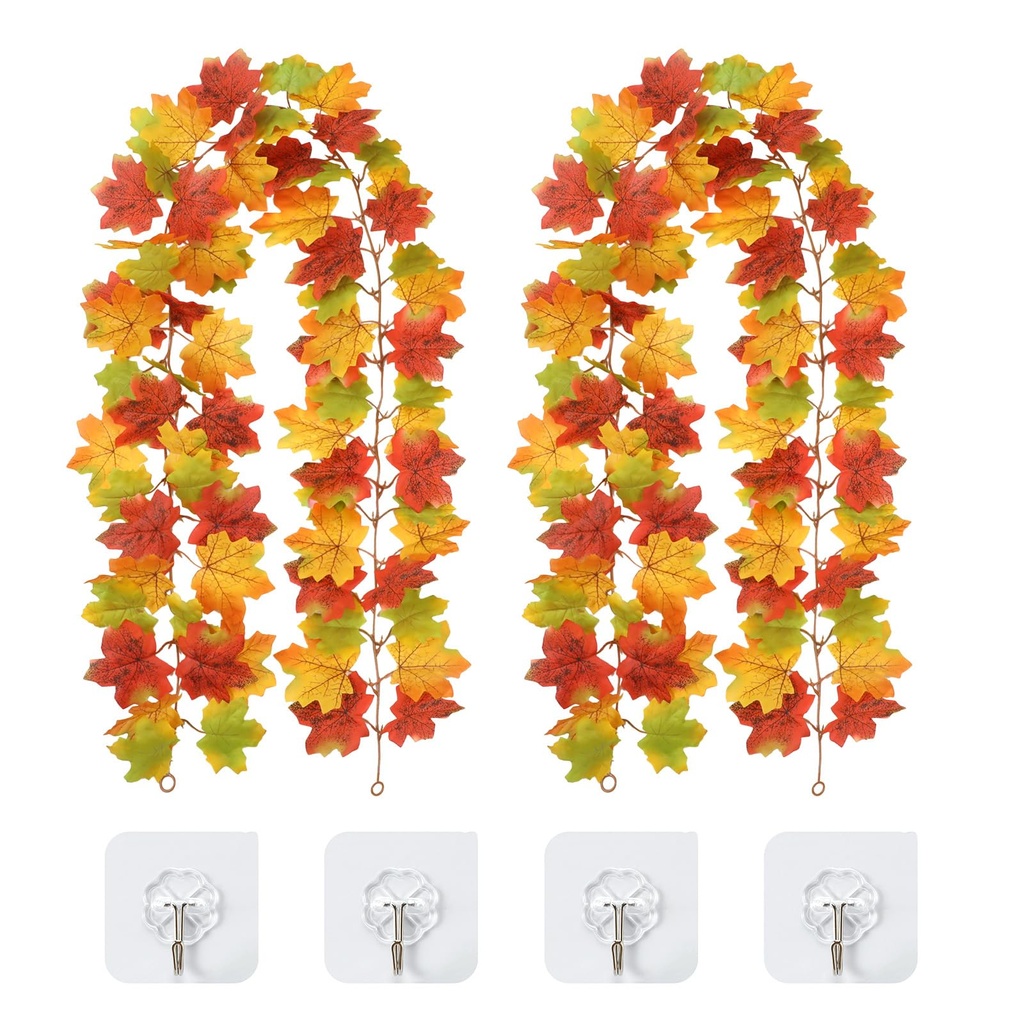 inreeme Autumn Garland for Home Decorations - 2Pcs Halloween Fall Maple Leaves Garland, 5.5