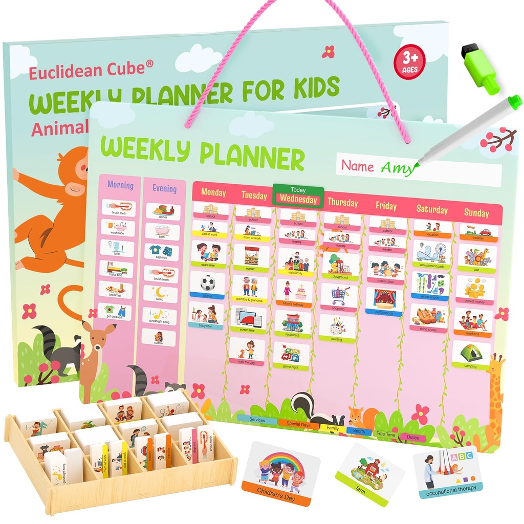 Visual Timetable Daily Planner for Kids - Magnetic Schedule Board with 195 Magnets, 1 Stora