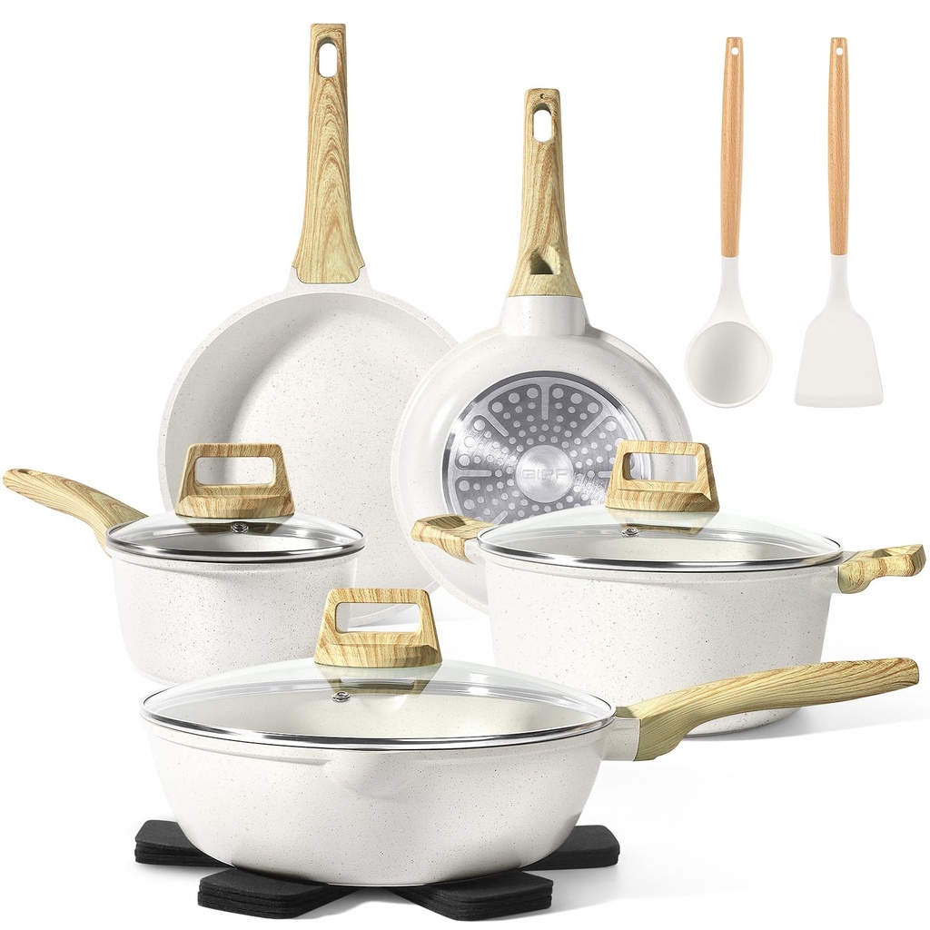 GiPP Pots and Pans Set Non Stick - 14 Piece White Ceramic Kitchen Cookware Sets Nonstick 