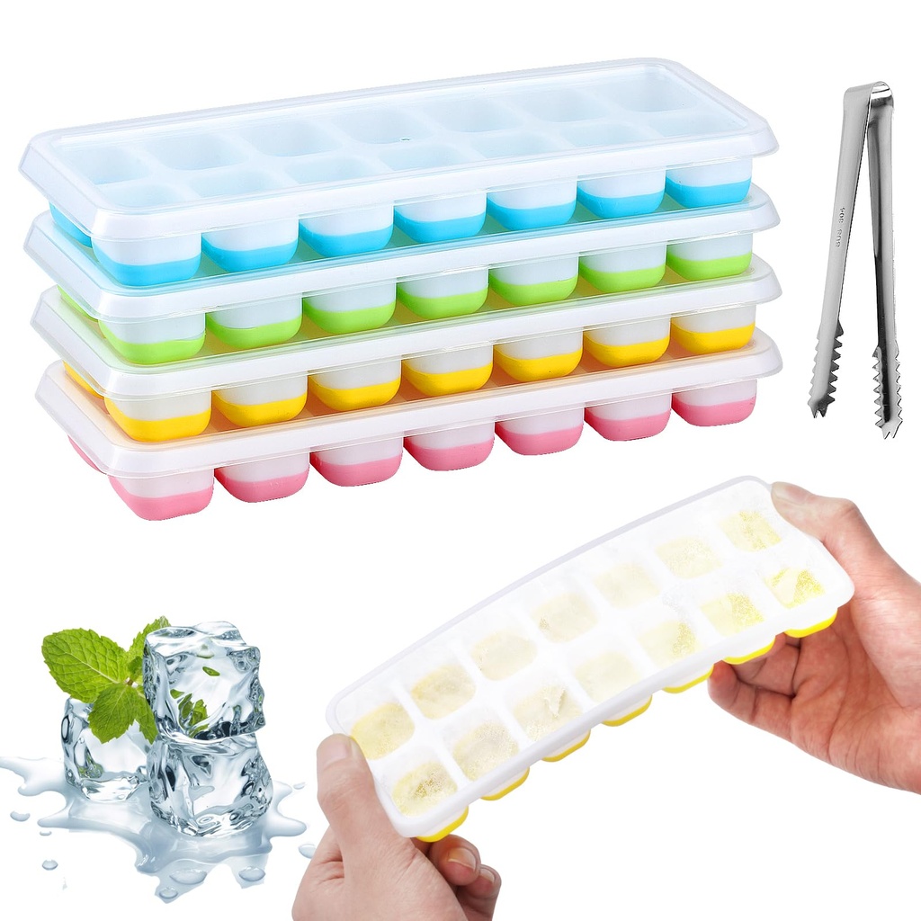 4 Pcs Ice Cube Tray with Lid, Silicone Trays with 14 Compartments, Reusable Moulds for Free