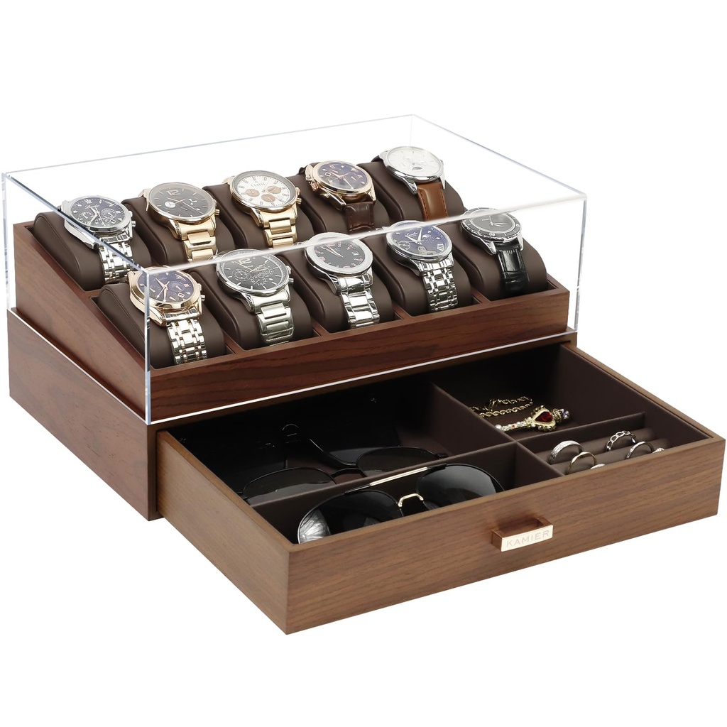 KAMIER 10 Slot Watch Box for Men, Wooden Watch Display Case with Glass Lid,2 Tier Mens Jewe