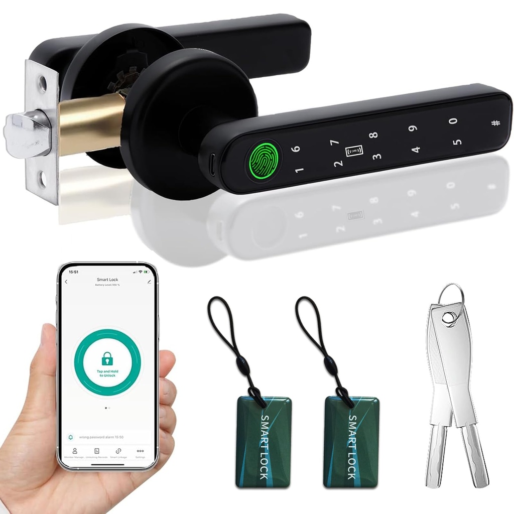 Smart Fingerprint Door Lock, Biometric Keyless Entry Door Lock with APP - Cards - Backup Ke