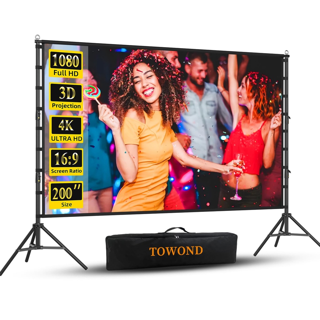 TOWOND 200 inch Outdoor Projector Screen, Portable Projector Screen and Stand, 16:9 4K HD