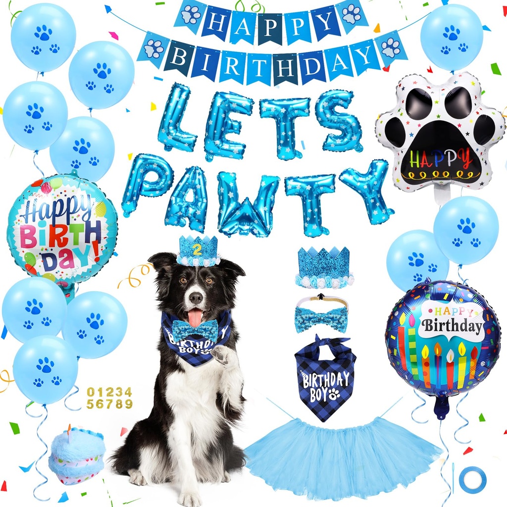 Pet Birthday Party Supplies, with Dog Birthday Scarf, Dog Birthday Crown Hat, Paw Print, Tu