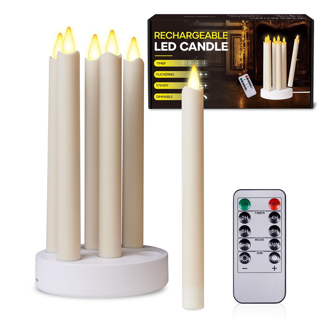 BrightWish Rechargeable LED Taper Candles Flickering, Battery Operated Tapered Candles Flam