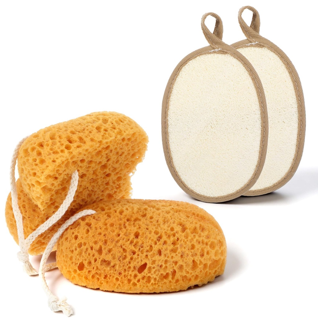 Sibba 4PCS Natural Loofah Sponge Exfoliating Body Scrubber Body Bath Sponges Large Shower S