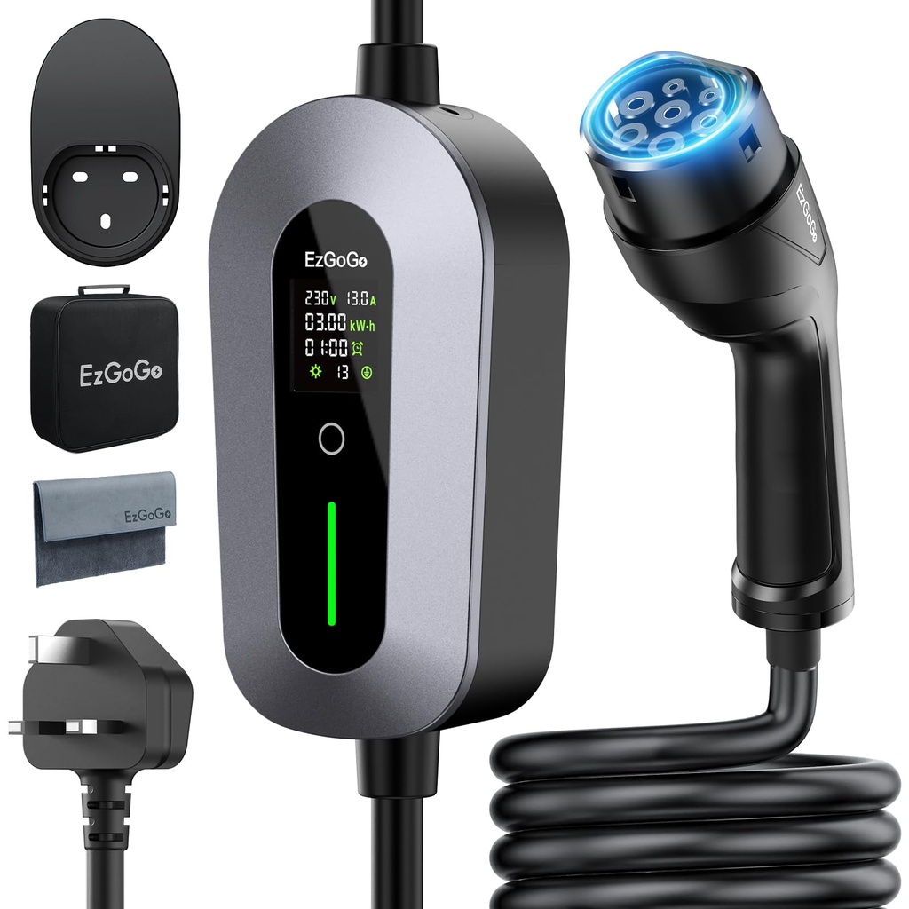EzGoGo EV Charger Cable Type 2 to 3 Pin Plug 20Ft/6.1M Electric Car Charger 3kW, [6/8/10/13A